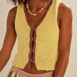Free People Yellow Knit Sleeveless Cutout Top, size M